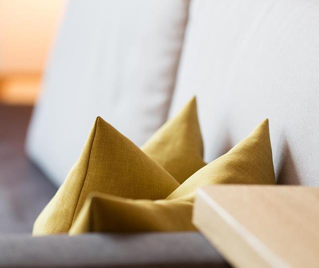Couch with Yellow Throw Pillows - Room Cloud